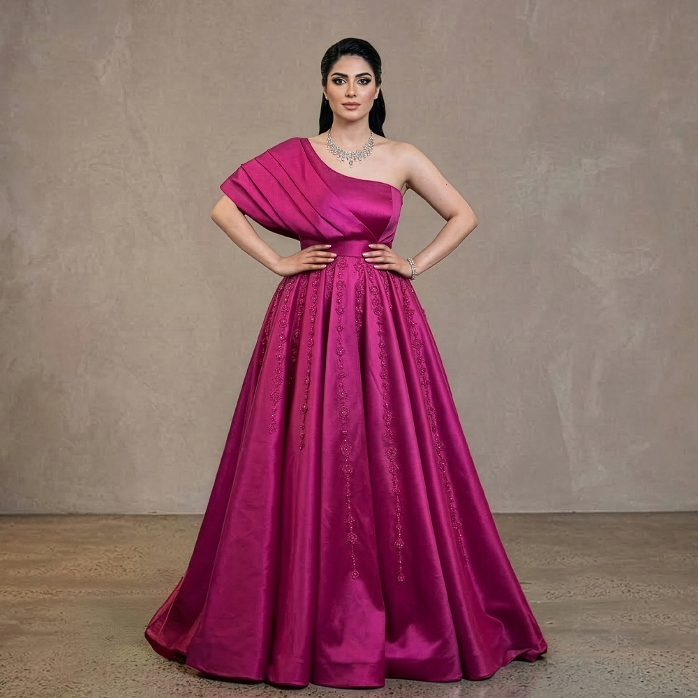 حرير أمريكي، مطرز، كتف واحد / تصميم حسب الطلب